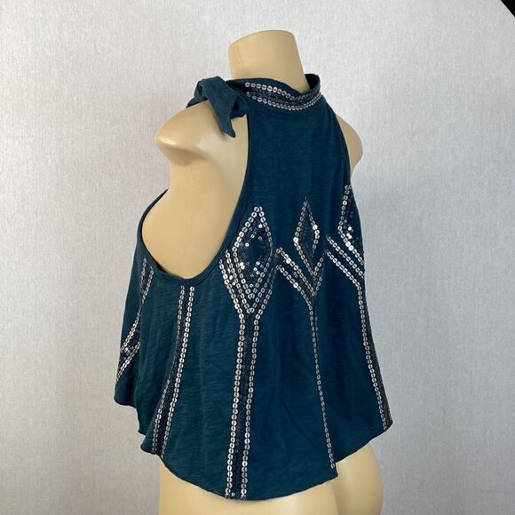 Free People Glitter City Tie Neck Mock Dark Turquoise Halter Sequin Top XS NWT - Picture 5 of 10